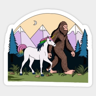 Mythical Creatures Bigfoot And Unicorn In The Wild Halftone Sticker